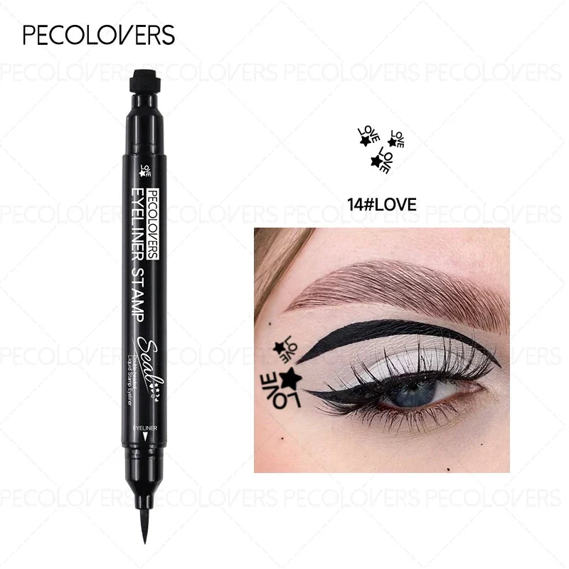 Blushimmer liquid eyeliner stamp with waterproof gel felt tip featuring heart, star, triangle, and flower shapes for creative eye makeup.