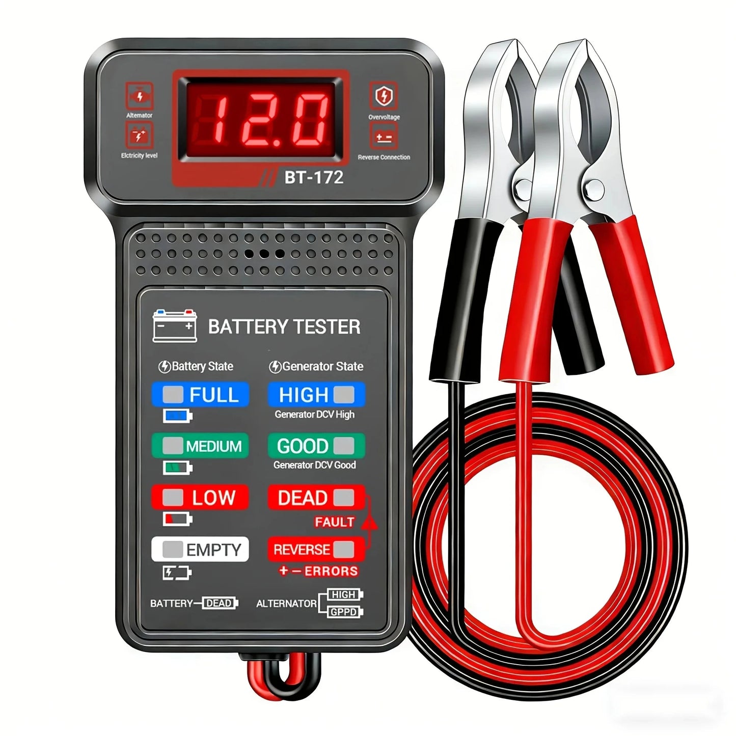 Smart car battery tester by BackupMyFilesNow.com showing a digital display and test buttons for quick vehicle battery diagnosis.