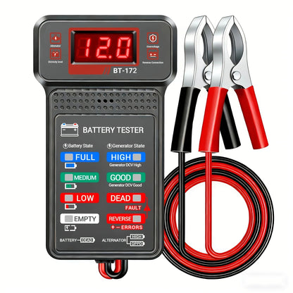 Smart car battery tester by BackupMyFilesNow.com showing a digital display and test buttons for quick vehicle battery diagnosis.