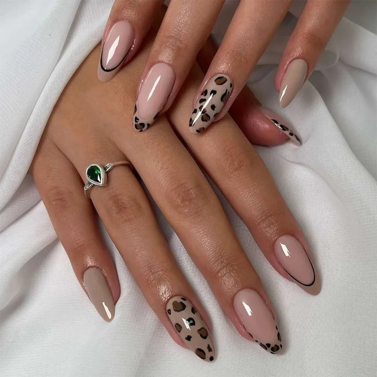 Blushimmer 3D bowknot pearl and leopard French nude almond fake nails with detachable press-on design, stylish and elegant.