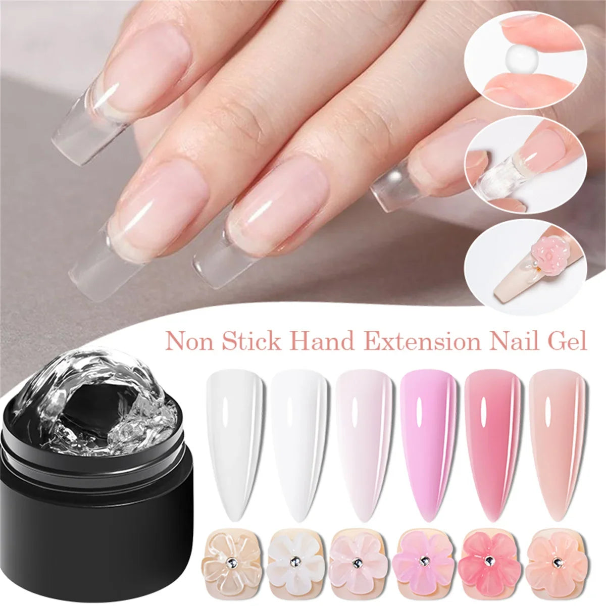 Set of 2/3 clear non-stick gel nail extension kits by Blushimmer, featuring UV/LED sculpting and carving gel for DIY manicures.