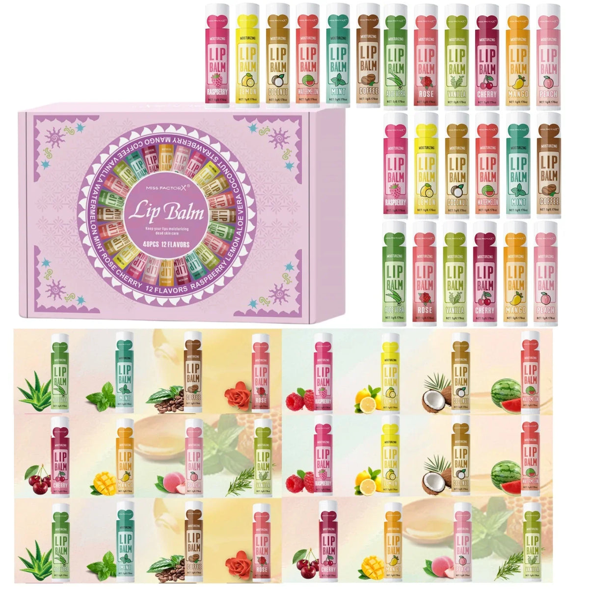 Set of 48 Blushimmer moisturizing lip balms with floral fragrances in 5g containers, natural lip color and brightening effect