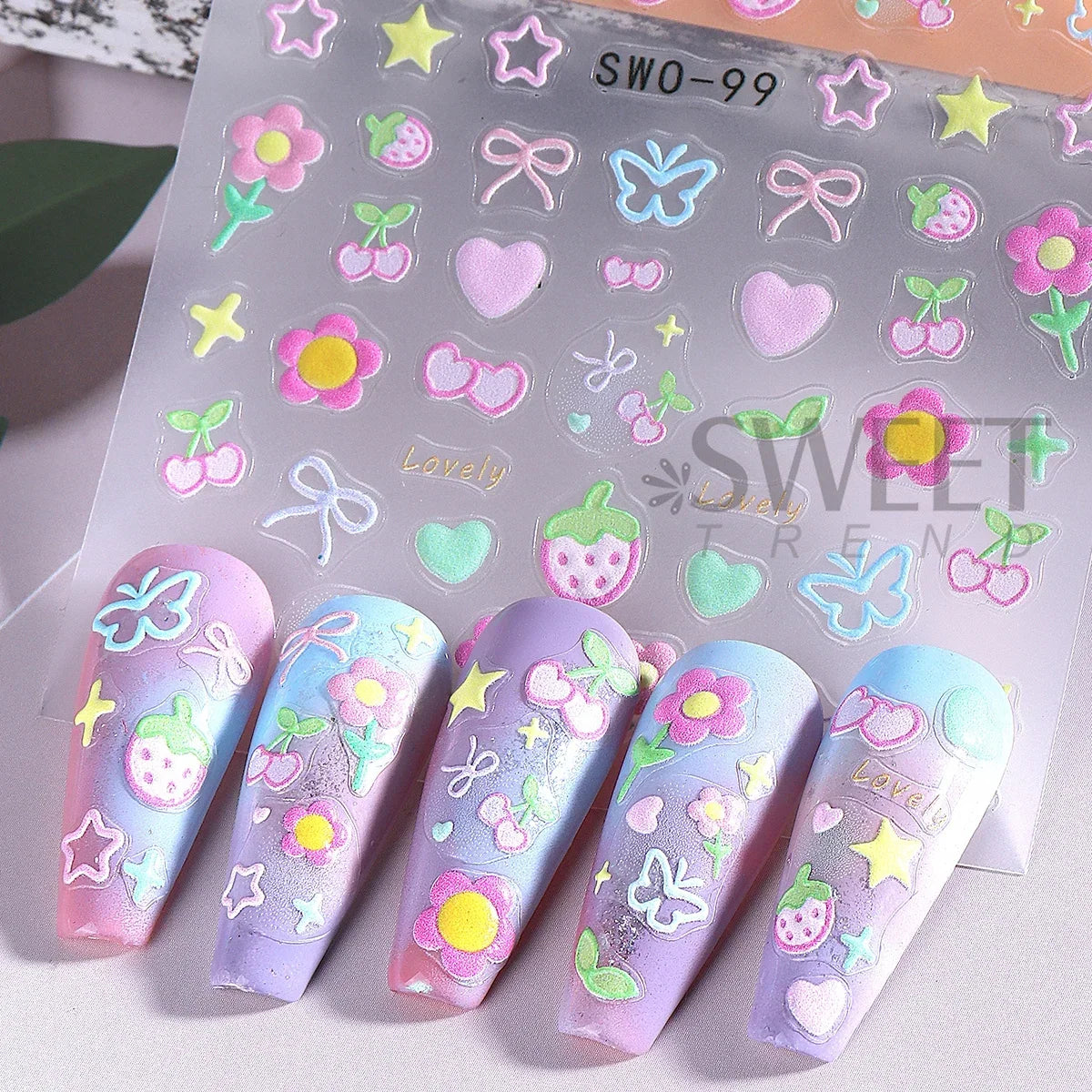 Colorful Blushimmer Sweet Element nail art stickers featuring flowers hearts cherries strawberries bows butterflies for kawaii manicure designs.