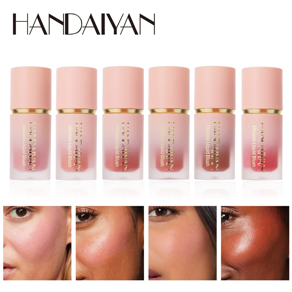 Blushimmer 6-color matte liquid blush set with sponge applicator, featuring long-lasting, waterproof, easy-to-apply blush in vibrant shades