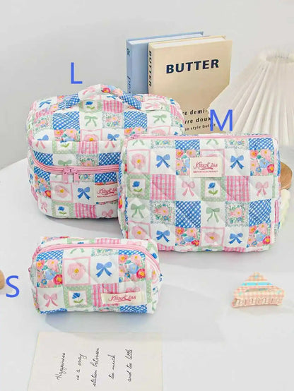 Cute quilted cotton makeup bag by Blushimmer, portable zipper cosmetic organizer with box shape for women and girls.