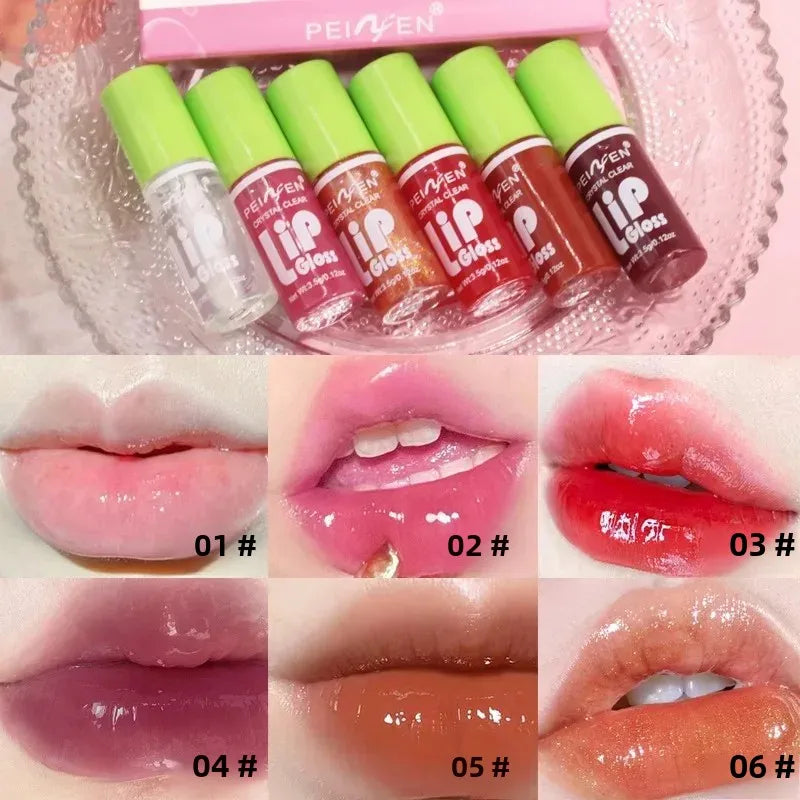 Set of 6 Blushimmer glass mirror lip glosses featuring hydrating, lightweight formulas in peach, cherry pink, and shimmer shades.