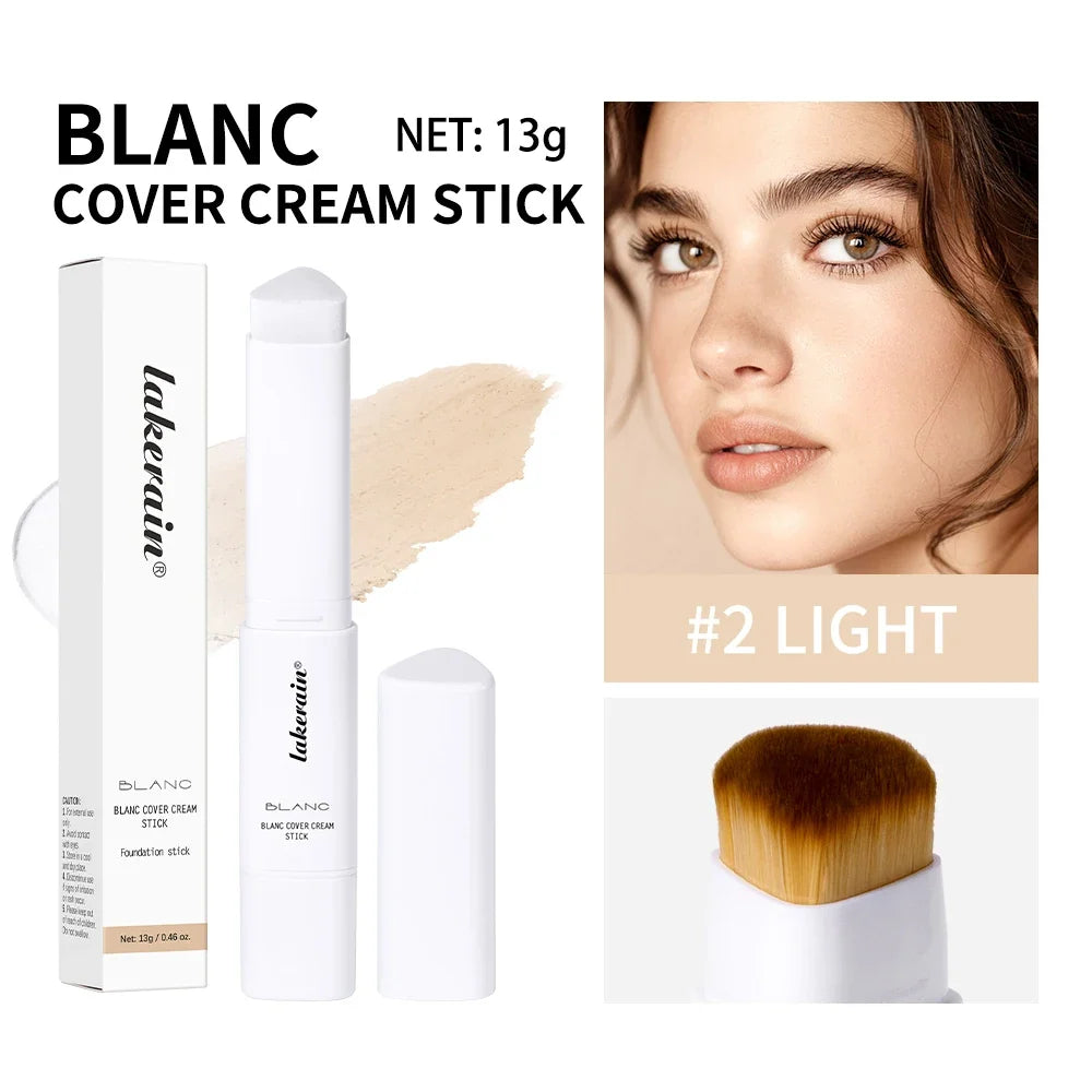 Blushimmer color changing foundation stick with dual-ended brush, high coverage, waterproof base makeup in sleek packaging.