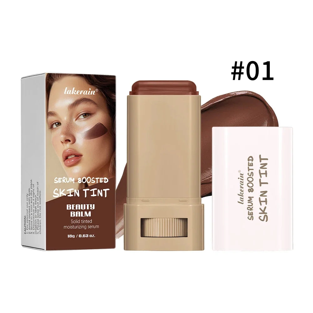 Blushimmer skin tint foundation stick with concealer and serum for high coverage, travel-sized, smooth and plumper skin finish.
