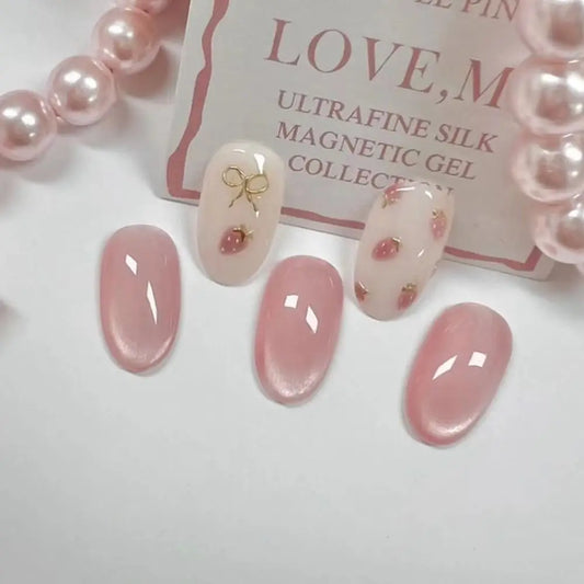 Set of 24 Blushimmer oval false nails with French, strawberry, butterfly, and cat eye designs for DIY press-on manicure, detachable tips.