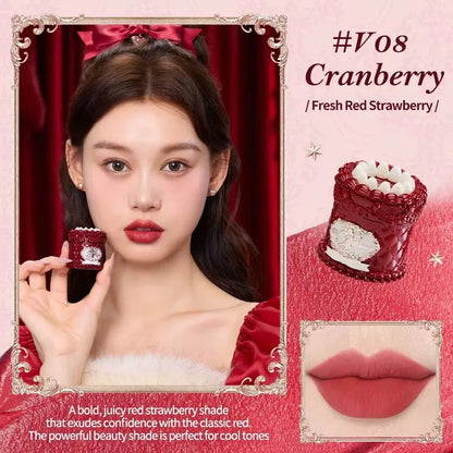 Blushimmer Flowerknows Strawberry Cupid lipstick cake and velvet lip gloss in a pink lip makeup set, featuring lip cream and mud textures.