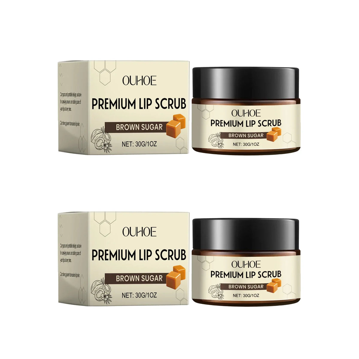 Blushimmer Brown Sugar Lip Scrub with natural exfoliants, showing a jar of nourishing, moisturizing lip care for dry, chapped lips.