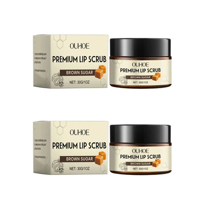 Blushimmer Brown Sugar Lip Scrub with natural exfoliants, showing a jar of nourishing, moisturizing lip care for dry, chapped lips.