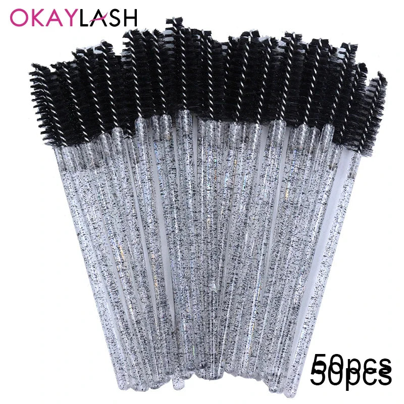 Set of 100 disposable eyelash extension brushes and spoolies by Blushimmer, micro mascara wands and combs for precise lash application.
