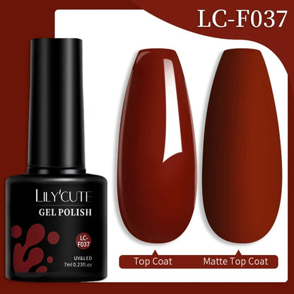 Colorful LILYCUTE gel nail polish in 7ml bottles with 129 shades, long-lasting UV gel varnish for professional manicure and nail art.