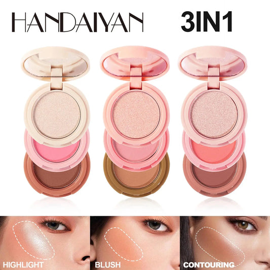 Blushimmer 3-in-1 matte highlighter, contour, and blush palette with pearly shiny face powders for professional makeup application.