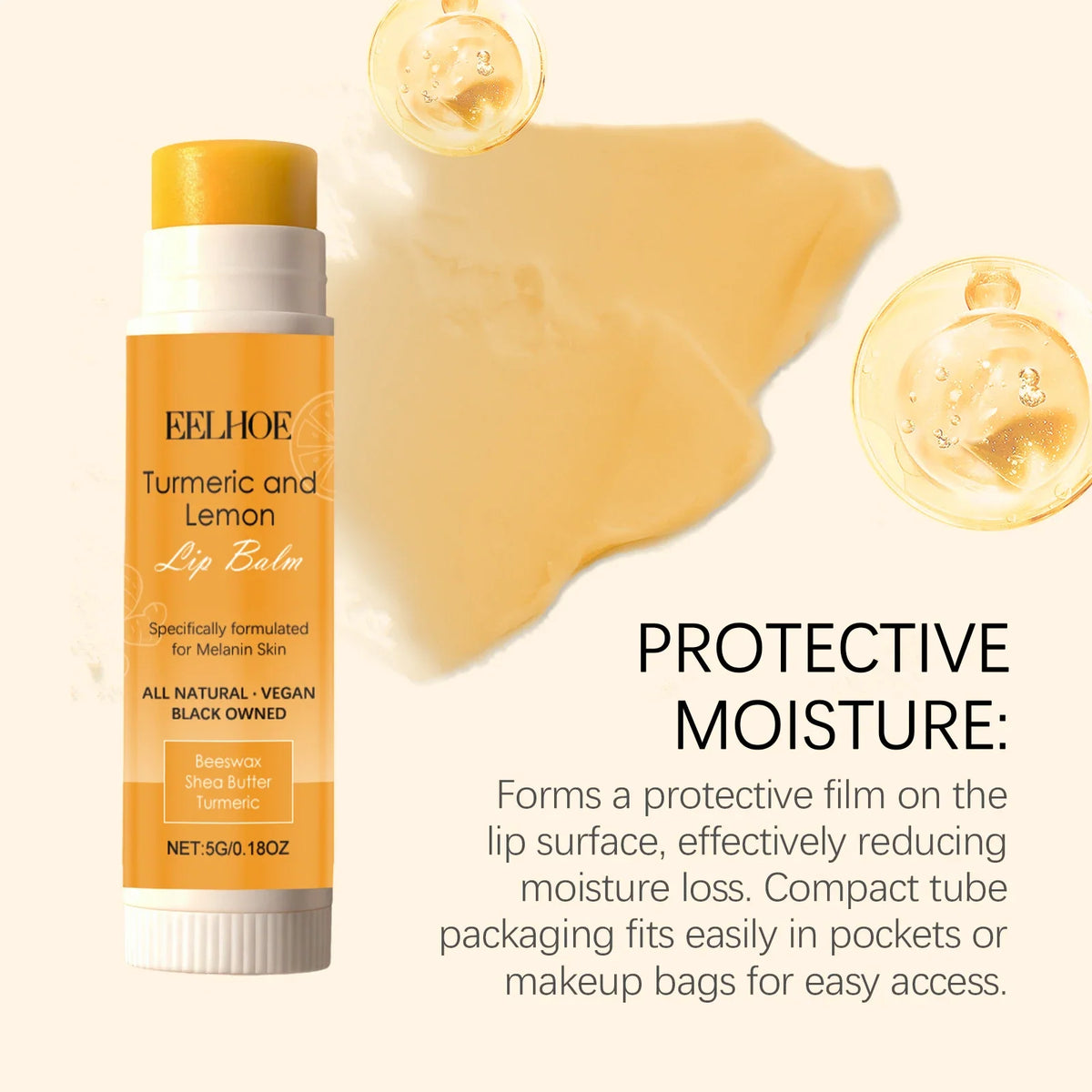 Blushimmer turmeric lemon lip balm in a container, showing moisturizing and soothing properties for soft, hydrated lips.