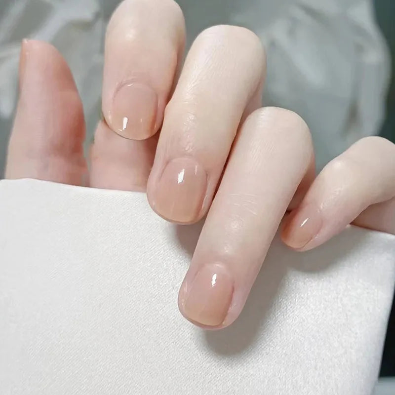 Set of 24 pink and white gradient square head fake nail tips with French press design and jelly glue by Blushimmer