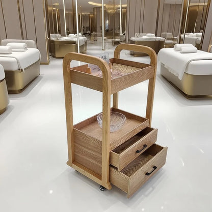 Premium Beauty Cart with Drawers Mobile Salon Trolley Professional Makeup Storage Cabinet for SPA Wooden Rolling Organizer