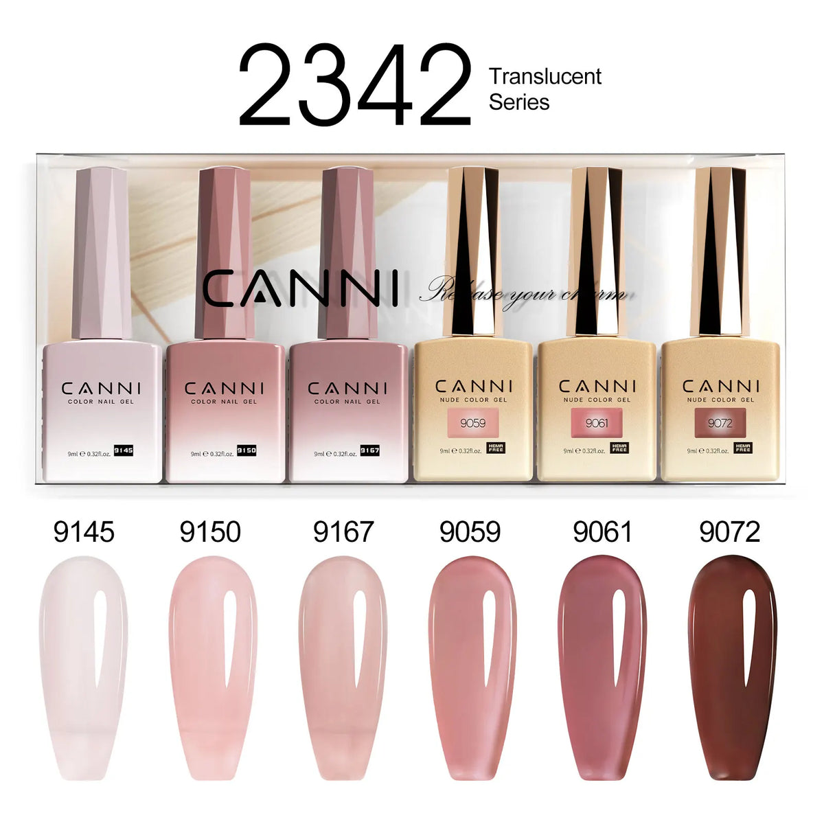 Blushimmer 6-piece 9ml CANNI HEMA-free nail gel polish set with vibrant semi-permanent colors for UV and LED gel nails.