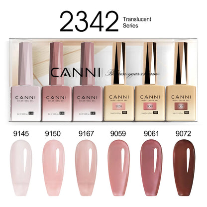 Blushimmer 6-piece 9ml CANNI HEMA-free nail gel polish set with vibrant semi-permanent colors for UV and LED gel nails.