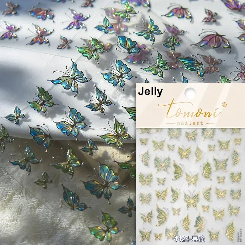 Shiny jelly butterfly 5D nail art sticker with rhinestones and insect design, perfect for DIY manicure decoration by Blushimmer.