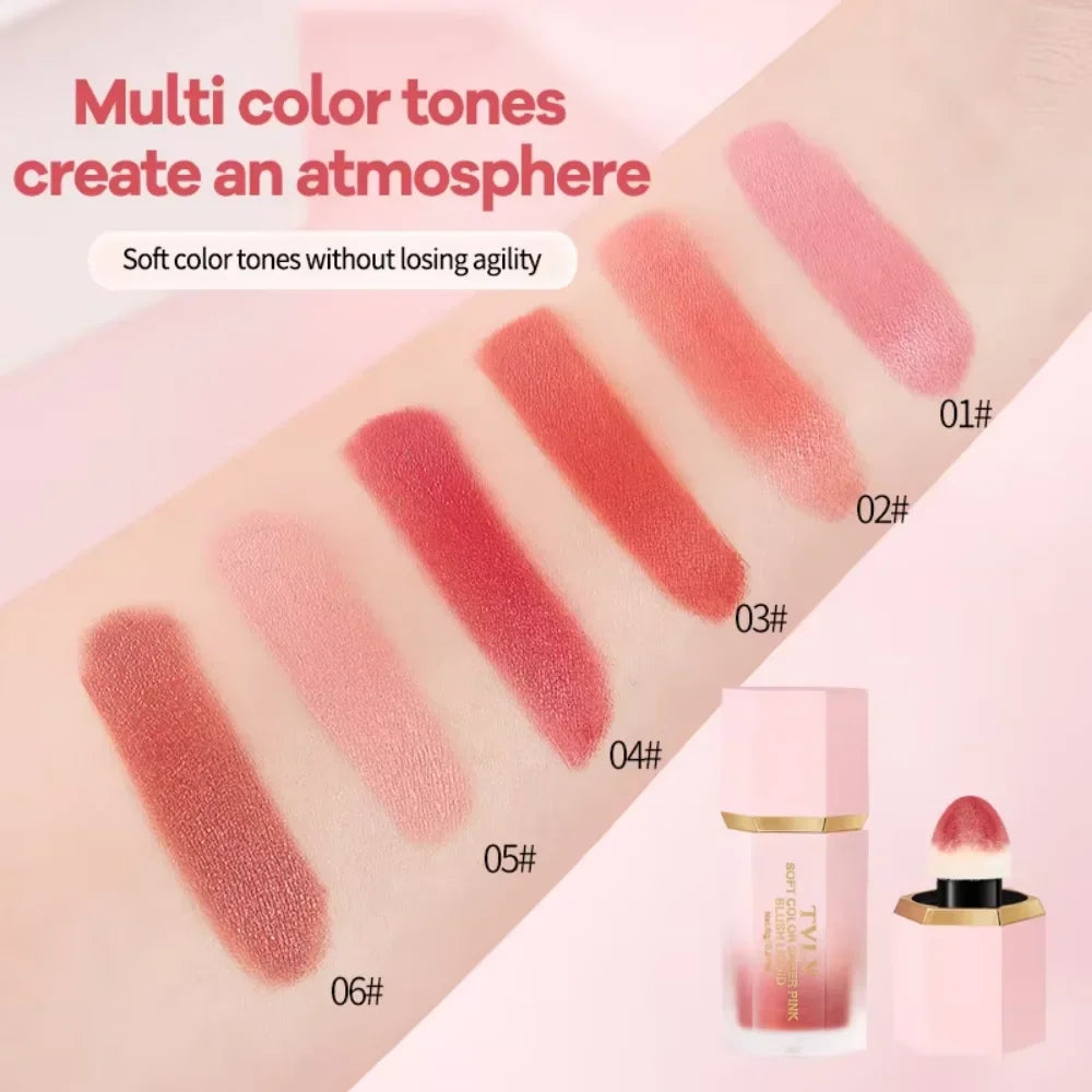 Blushimmer TVLV Velvet Liquid Blush with sponge head, natural matte finish, adds brightening contour and lasting tint to cheeks