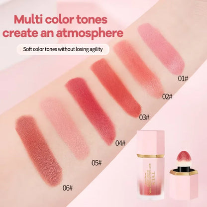 Blushimmer TVLV Velvet Liquid Blush with sponge head, natural matte finish, adds brightening contour and lasting tint to cheeks