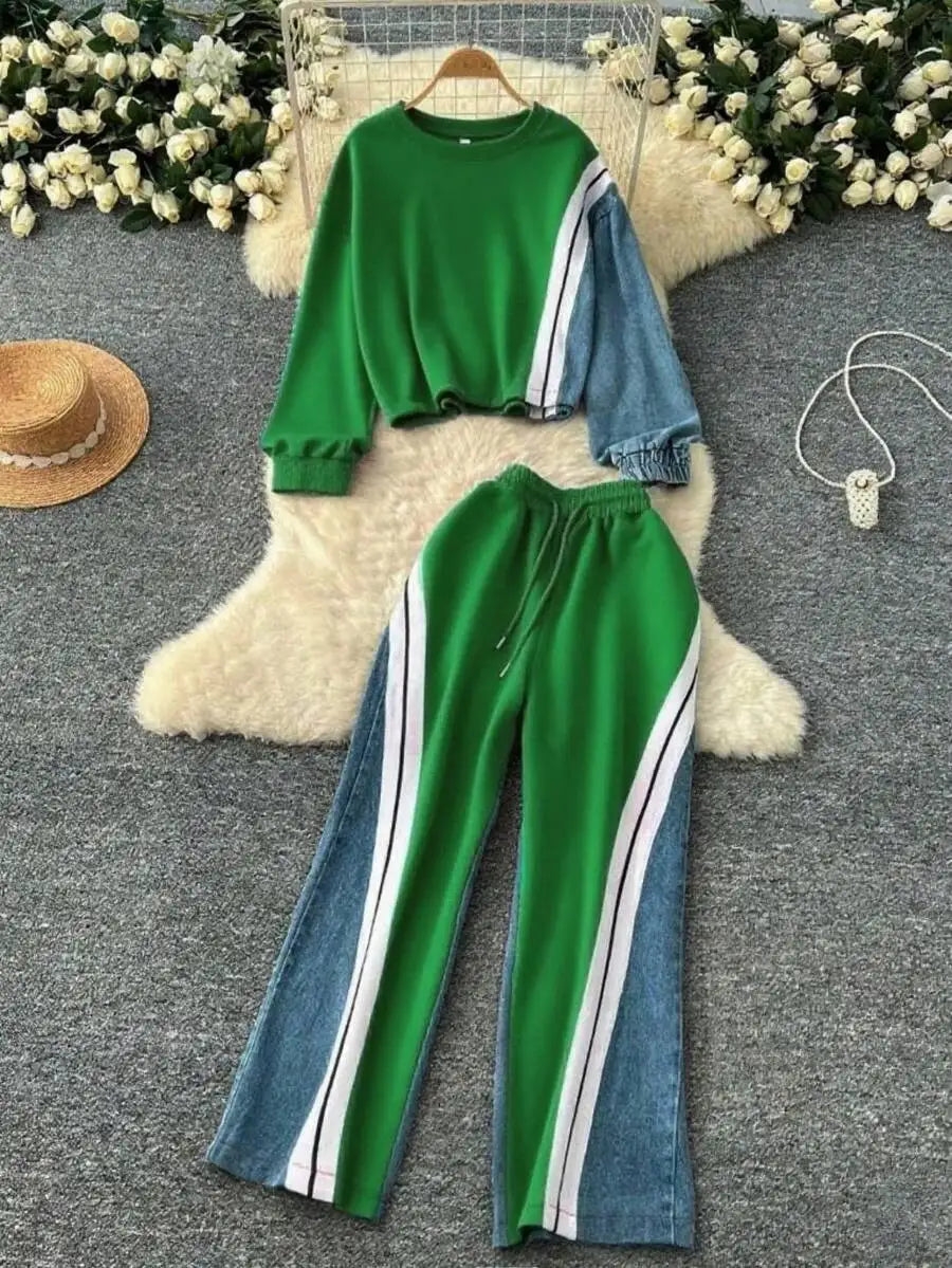 BWQ Women's Denim Patchwork Co-Ord Set - Matching Jeans Set With Color Block Design | Long Sleeve Tracksuit & Contrast Stitching