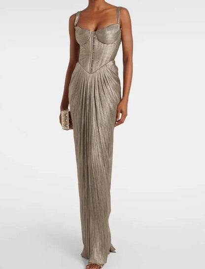 Antique gold low back lace-up party dress by Luxlife Brands featuring elegant lace-up design and low back style.