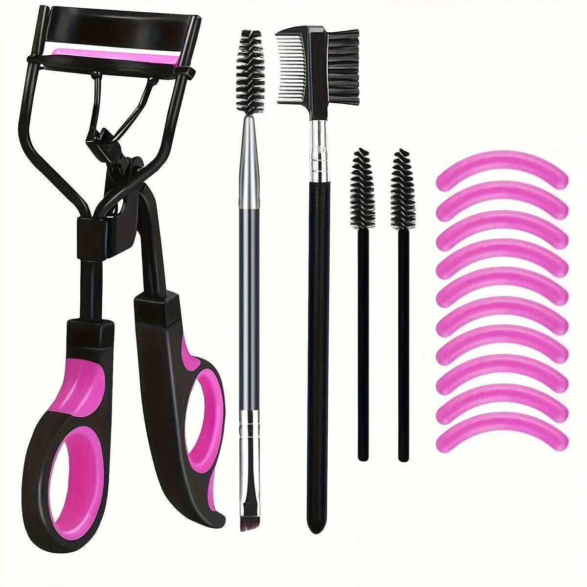 Blushimmer eyelash curler set with replacement pads, tweezers, mascara wands, and clips for women’s eyelash curling and makeup.
