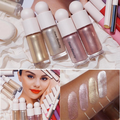 Blushimmer Rare Beauty positive light liquid contour and luminizer face makeup with blush and shimmer shine lipstick in sleek bottle