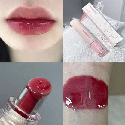 Blushimmer Crystal Jelly Lip Gloss in water liquid lipstick form, showcasing a shiny, moisturizing lip tint with a mirror reflection.
