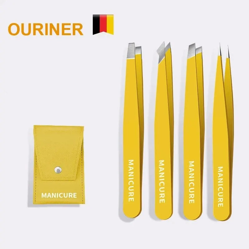 Colorful stainless steel eyebrow tweezer by Blushimmer with slanted tips for precise hair removal and shaping.
