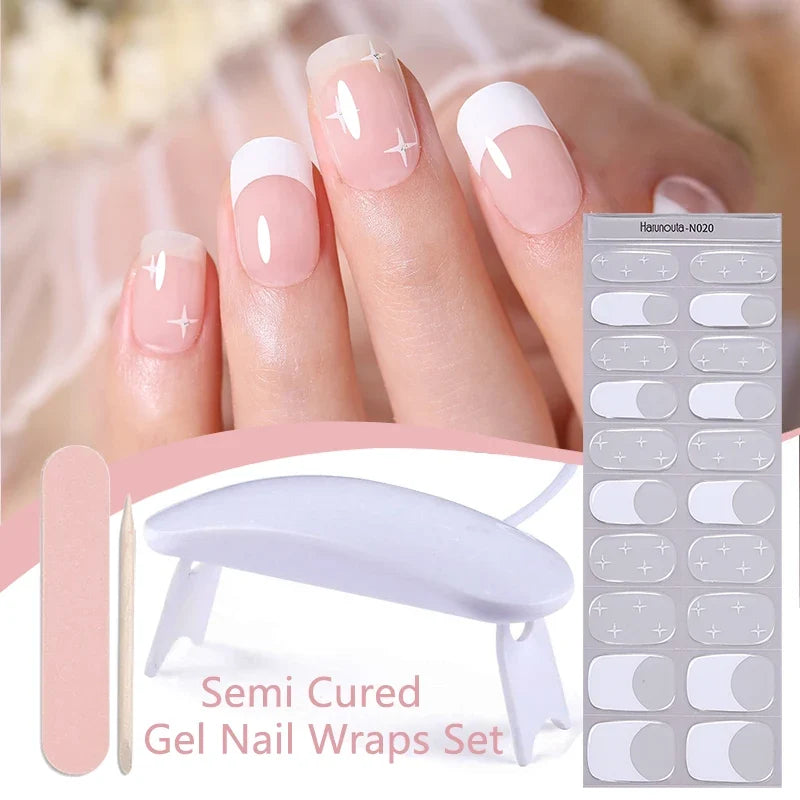Blushimmer Harunouta 4-piece set of gradient jelly semi-cured gel nail strips with nude pink waterproof finish and matching nail lamp.