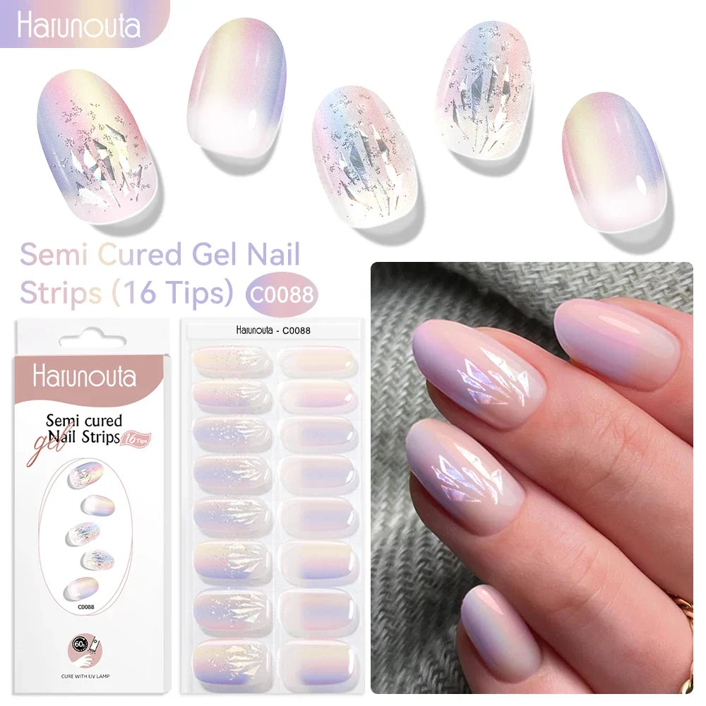 Blushimmer Harunouta 16-strip gradient red marble gel nail strips with gold lines, semi-cured gel polish stickers for DIY manicure.