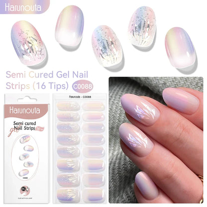 Blushimmer Harunouta 16-strip gradient red marble gel nail strips with gold lines, semi-cured gel polish stickers for DIY manicure.