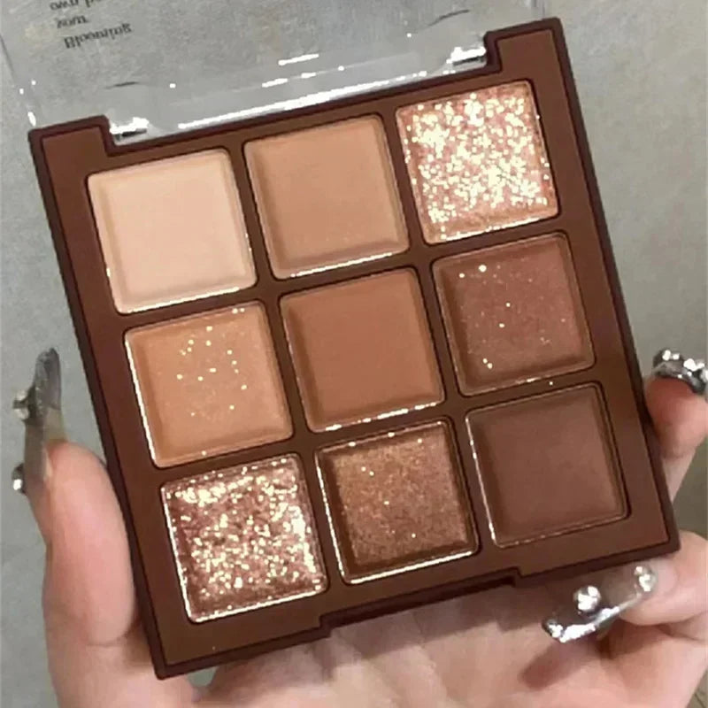 Blushimmer chocolate eye shadow palette with 9 pearly matte and shiny sequin earth tone eyeshadows for lasting makeup looks.