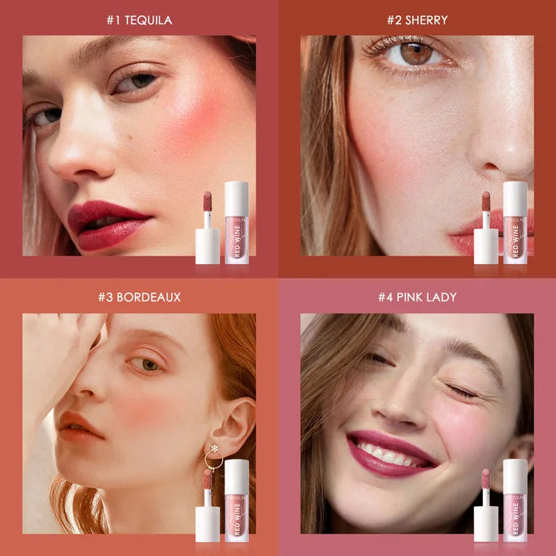 Blushimmer FOCALLURE liquid blush palette with four natural shades, long-lasting matte face blush, Hangover Red Wine color.