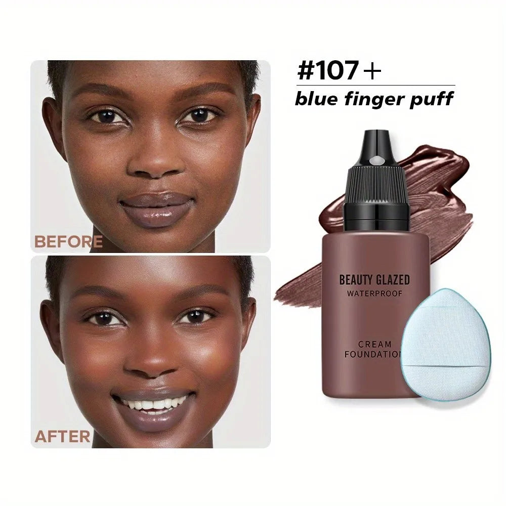 Blushimmer 2024 foundation and puff set featuring liquid matte full coverage waterproof foundation with a blue thumb puff.