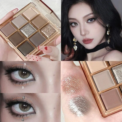 Blushimmer DIKALU eyeshadow palette with nine soft rosy shades in a grid, featuring low saturation smoke powders for spring and summer looks.