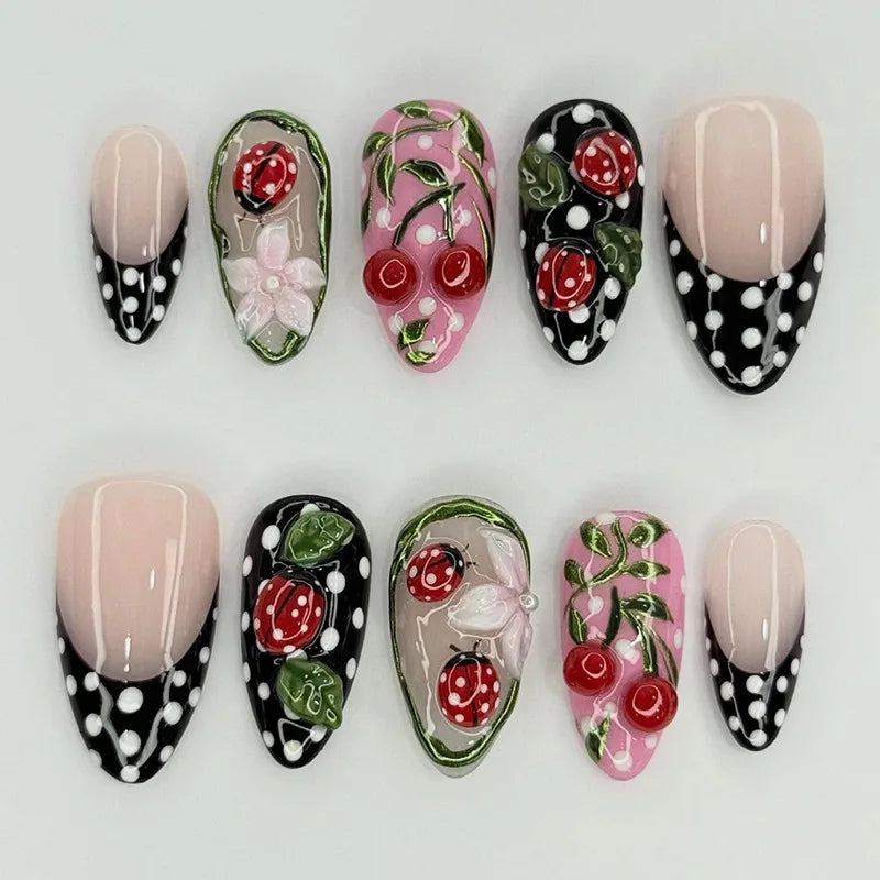 Blushimmer 24-piece wine red almond press-on nails with cartoon rabbit, bowknot, plaid, pearl designs, French style for girls