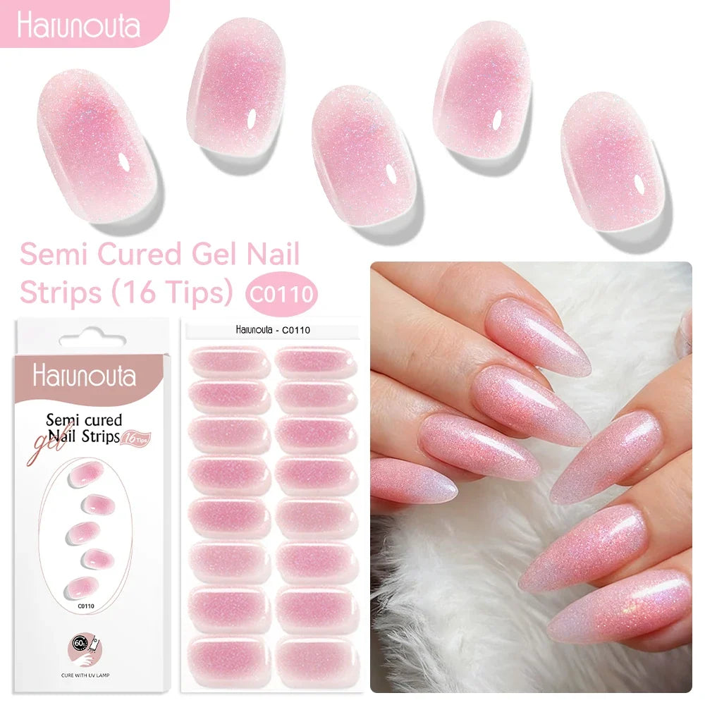 Blushimmer Harunouta 16-strip gradient red marble gel nail strips with gold lines, semi-cured gel polish stickers for DIY nail art.