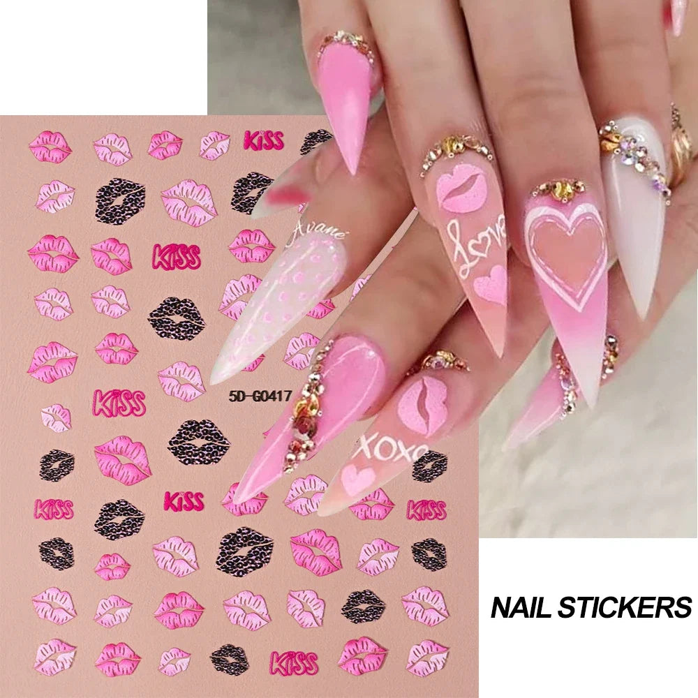 Red lips and love heart nail decal stickers by Blushimmer, self-adhesive romantic nail art for Valentine's Day DIY manicure.