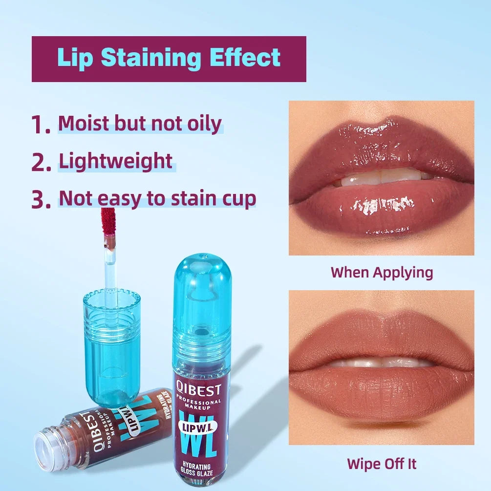 Blushimmer QIBEST Hydrating Crystal Lip Gloss with mirror water glaze finish, long-lasting moisturizing lip tint in a clear gloss tube.