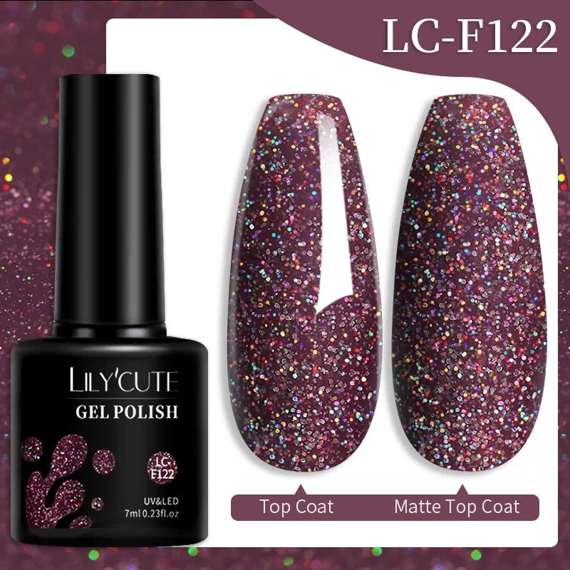 Colorful LILYCUTE 7ml gel nail polish bottles in various shades, showcasing long-lasting semi-permanent UV gel nail art by Blushimmer.