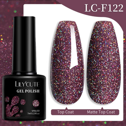 Colorful LILYCUTE 7ml gel nail polish bottles in various shades, showcasing long-lasting semi-permanent UV gel nail art by Blushimmer.