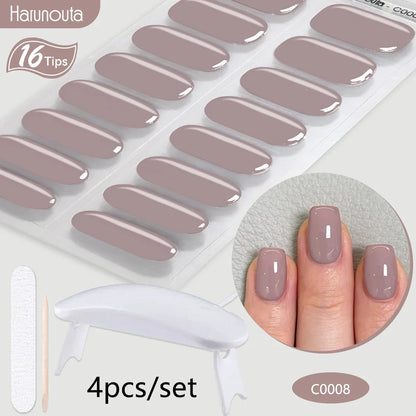 Blushimmer Harunouta 4-pack gradient jelly semi-cured gel nail strips with nude pink waterproof finish and nail lamp for long-lasting manicures.