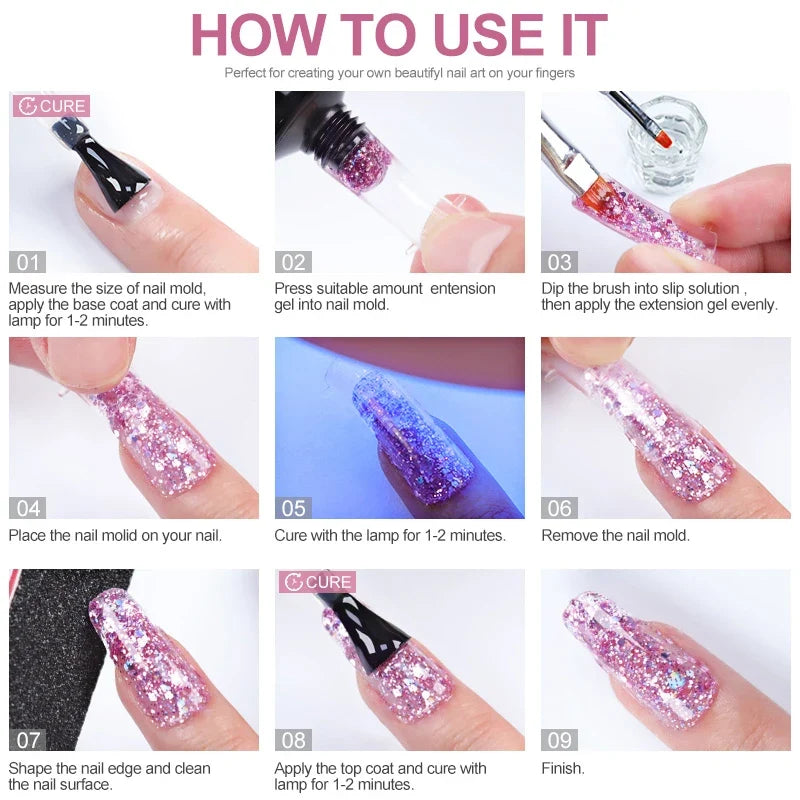 Blushimmer poly nail gel full set with 6W LED lamp, nail tips, 3D art, decoration, and extension tools for beginner manicures.