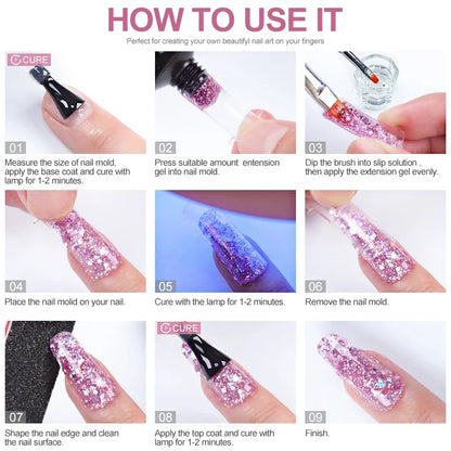 Blushimmer poly nail gel full set with 6W LED lamp, nail tips, 3D art, decoration, and extension tools for beginner manicures.