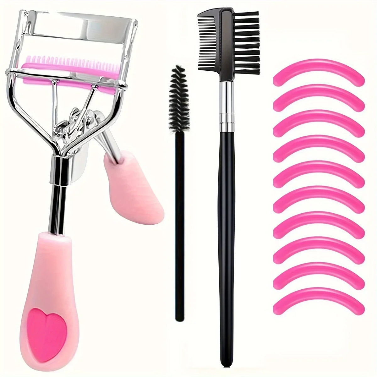 Blushimmer eyelash curler set with replacement pads, eyelash curling tweezers, clips, mascara wands, and makeup brushes.
